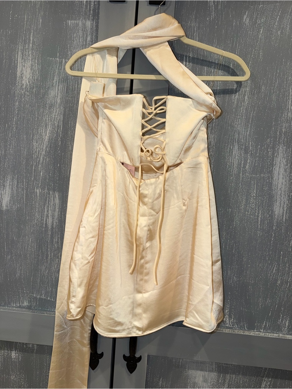 Oh Polly Ivory Satin Halter Scarf Mini Dress Lace-Up Back NWT US 4 - Picture 9 of 10